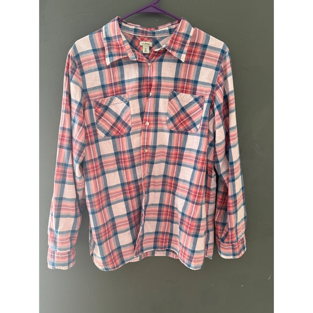 LL Bean Womens XL Pink Blue Plaid Cotton Button Down Shirt Long Sleeve 282506